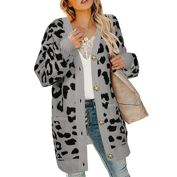 Fashion Women Open Front Cardigan Casual Long Jacket Coat Leopard Print Outwear
